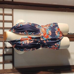 Cocoship Navy and Pink Floral Halter Neck Deep V-Neck One Piece Swimsuit Sz 3XL